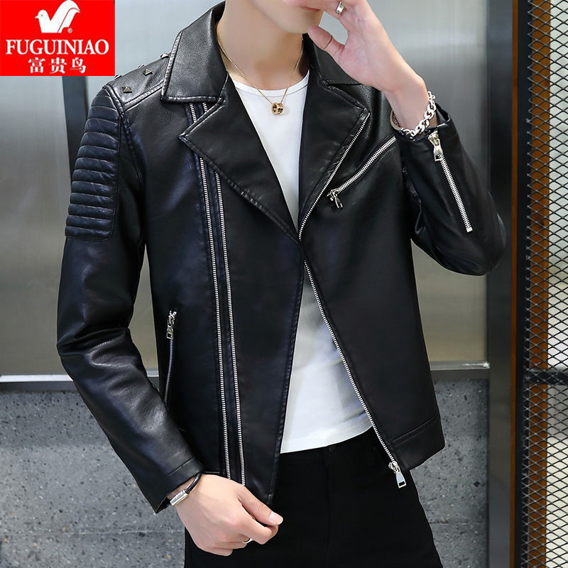 Leather Men's leisure motorcycle leather coat Korean fashion handsome leather jacket men's Lapel PU leather