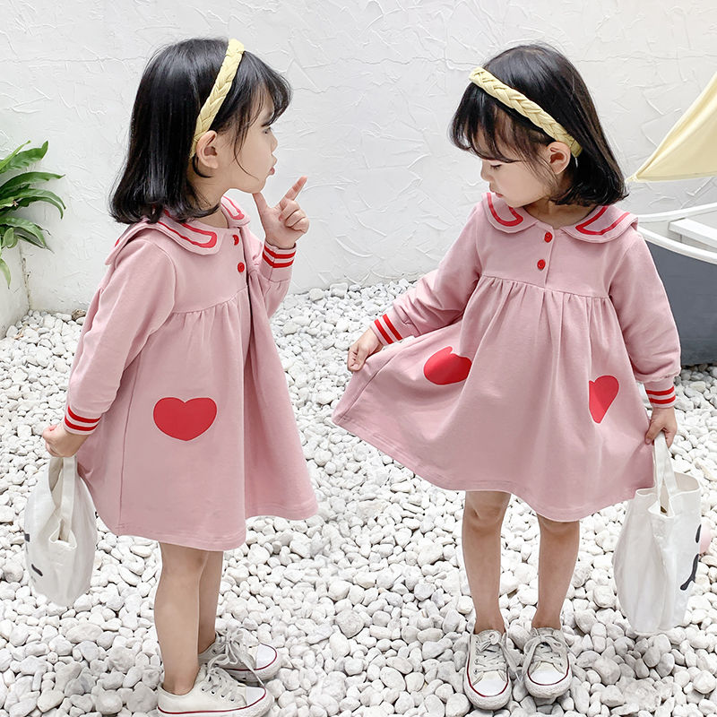 Girls' spring dress 2020 new spring dress baby long sleeve skirt children's Navy collar knitted long skirt