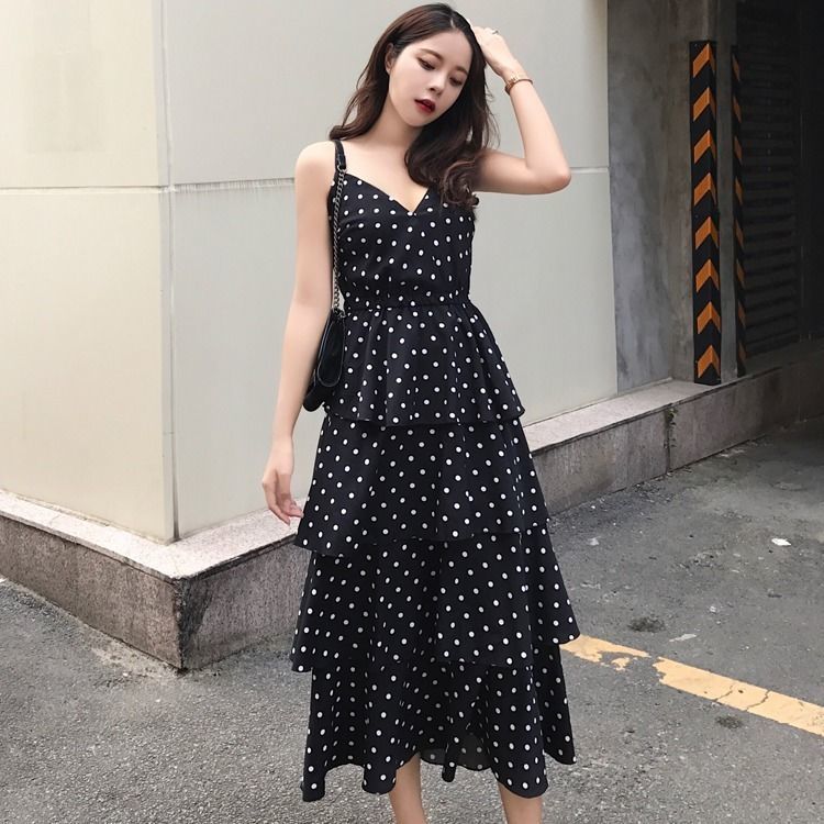 Summer Chiffon suspender skirt cake skirt wave point seaside holiday dress beach skirt women's open back dress