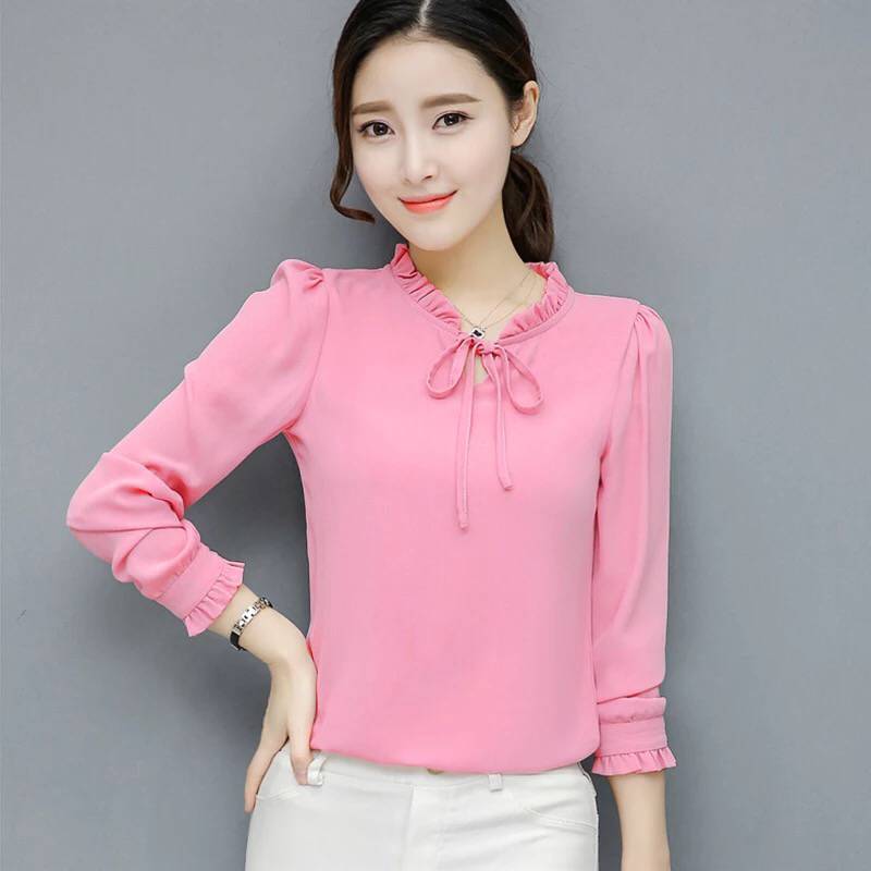 Fall 2020 new loose large bowknot chiffon shirt women's long sleeve solid color shirt bottom top fashion