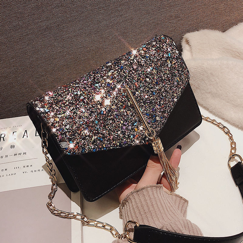 Fairy bag bag lady 2020 new Hong Kong Style personalized Sequin small square bag tassel versatile chain Single Shoulder Messenger Bag