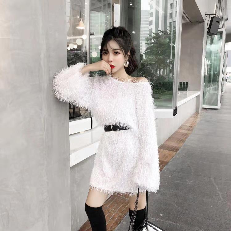 Long sleeve tassel wool dress with waistband for slim short skirt