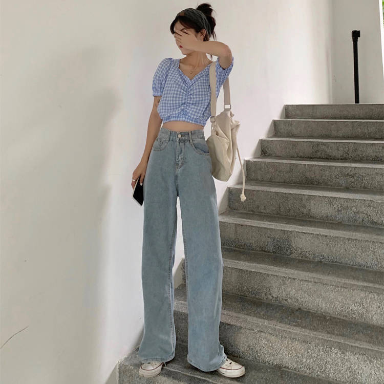 2020 new spring and autumn Korean light color loose high waist jeans for female students straight tube women long pants wide leg pants