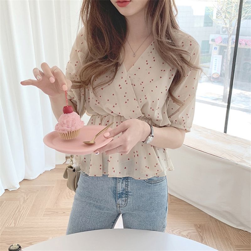 New chic foreign style shirt women's design sense small group retro heart machine Korean version waist closing sweet Short Sleeve Chiffon Top