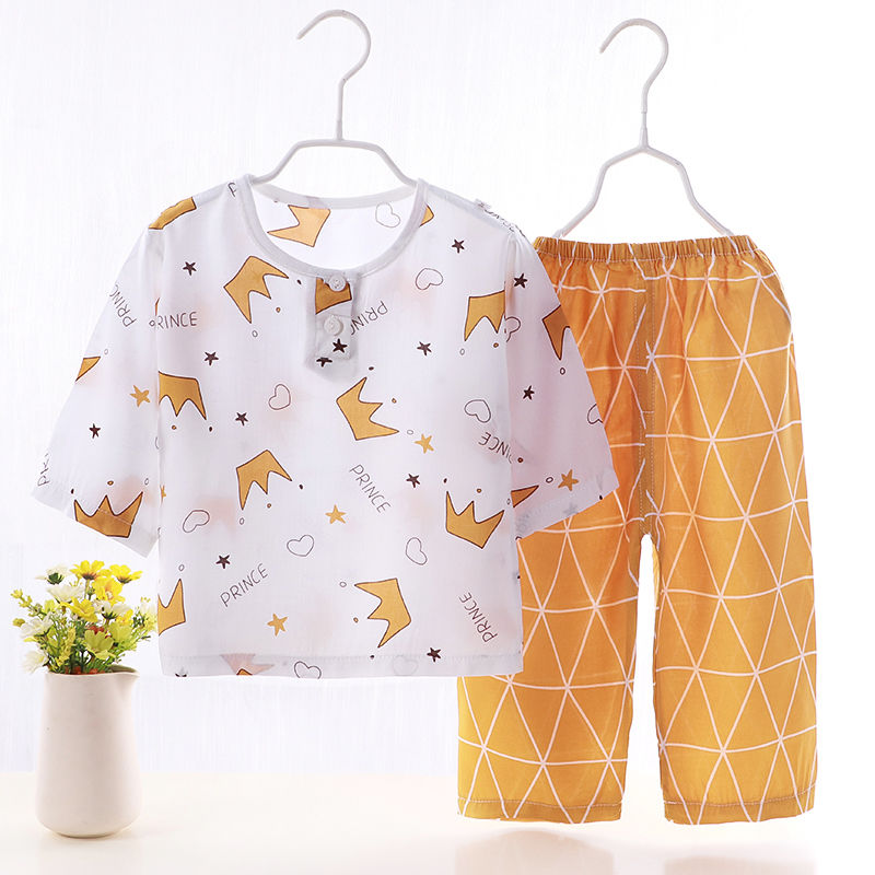 Summer children's cotton silk pajamas boys and girls baby children's silks children's long sleeves summer thin boys' air conditioning suit