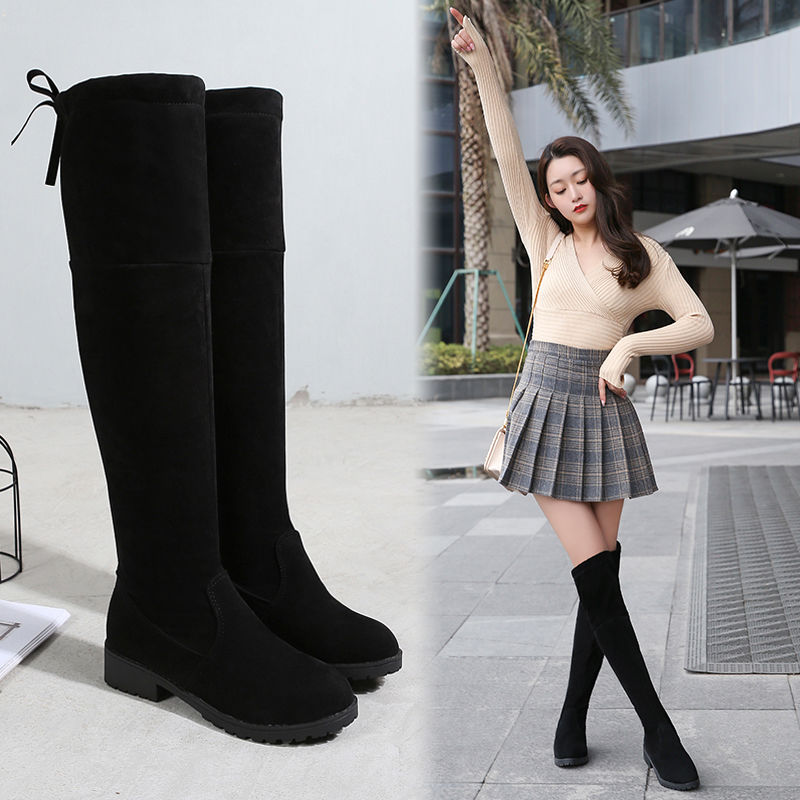 Net red thick heel high boots winter 2020 new over knee boots female students' Korean flat bottomed Plush boots