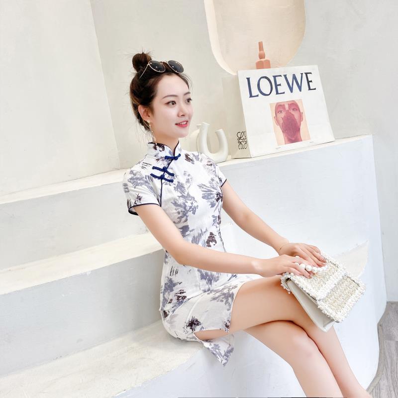 Spring and summer new fashion retro slim slim daily improved cotton hemp student short cheongsam dress