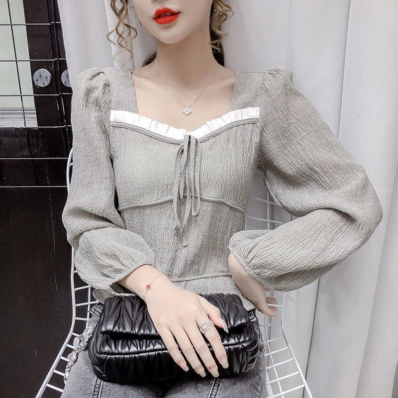 Autumn 2020 new sweet Square Neck Lace Up Shirt femininity short long sleeve bubble sleeve French shirt woman