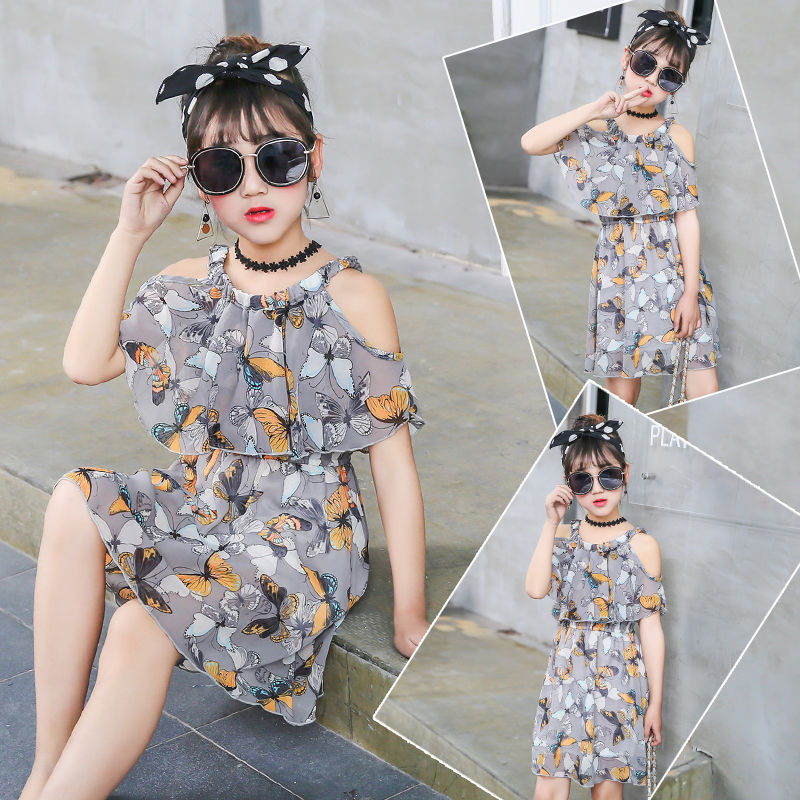 Girls' 2020 summer Chiffon Printed Dress (Korean version) open shoulder children's Princess Dress little girl's summer skirt