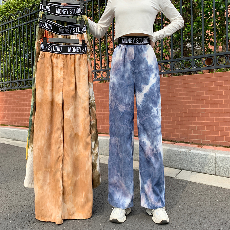 Real shot 9008 tie dyed corduroy wide leg pants women's autumn and winter show thin high waist loose straight casual pants