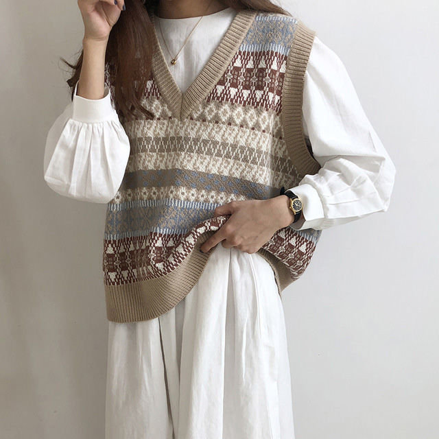 2020 sweater women's New Retro chic student sleeveless top versatile color contrast T-shirt with loose vest