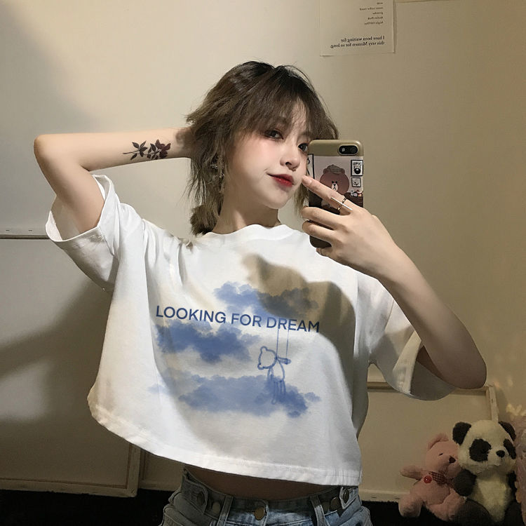 Short sleeve T-shirt women 2020 new summer short high waist navel top female students Korean loose half sleeve ins trend
