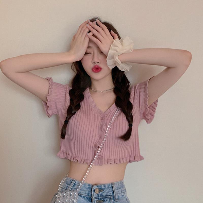 Summer new 2020 Korean version versatile thin cardigan sweater coat slim fit short V-neck short sleeve T-shirt for women