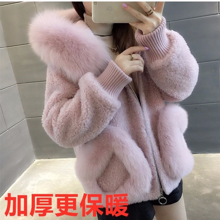 2020 autumn winter imitation fox wool collar sheep shearing fur coat female autumn winter Korean hooded short wool coat