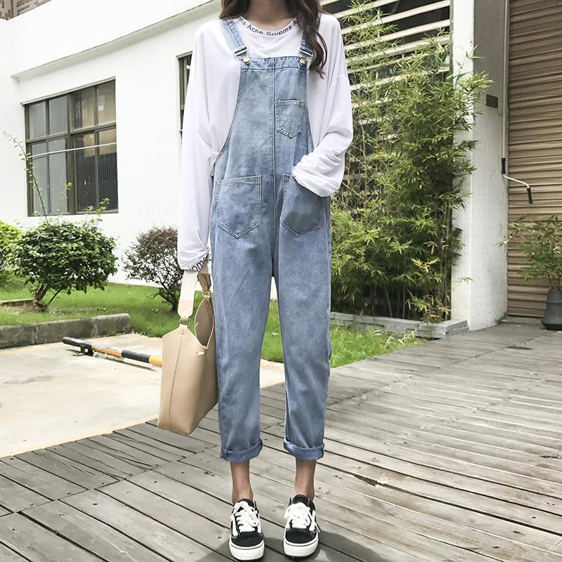 Spring women's new Korean version of students' lovely casual backpack jeans loose long pants fashion western style one-piece pants