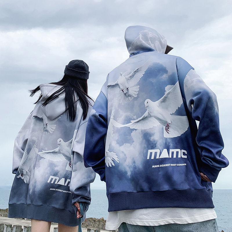 Autumn and winter Plush sweater lovers' loose hooded gradients tie dyed Hong Kong style student hoodies fashion brand clothes