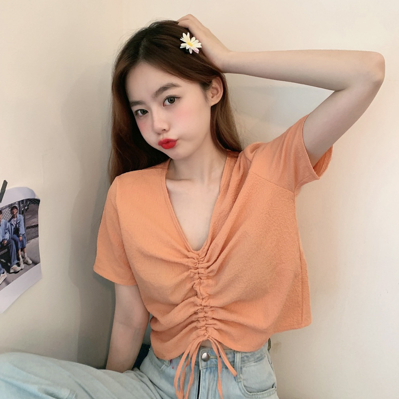 Real photo 100% polyester loose short V-neck short sleeve T-shirt women's pleated purple drawstring top