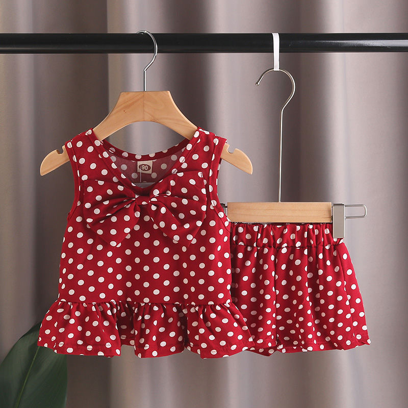 Girls' summer suit 2020 new girls' wave point vest shorts two piece children's sleeveless clothes
