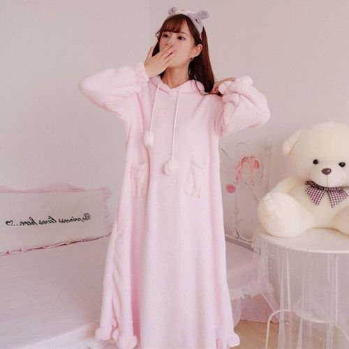 Princess nightdress hooded long sleeve lovely thickened One Piece Pajamas women's long autumn winter home wear cute coral velvet winter