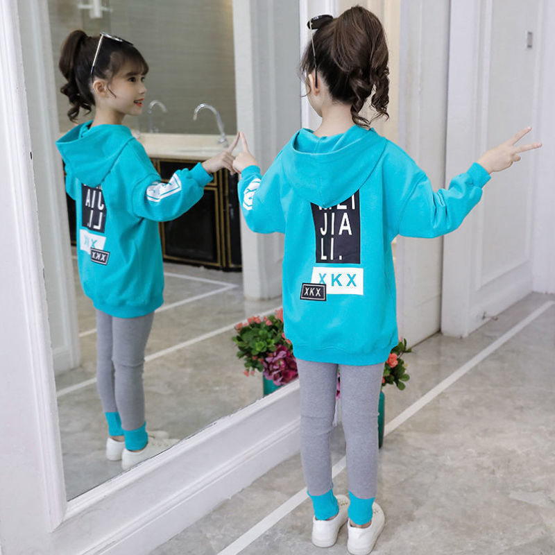 Girl's autumn new style suit fashionable western fashion Zhongda children's Korean net red long sleeve sweater hooded casual two piece set