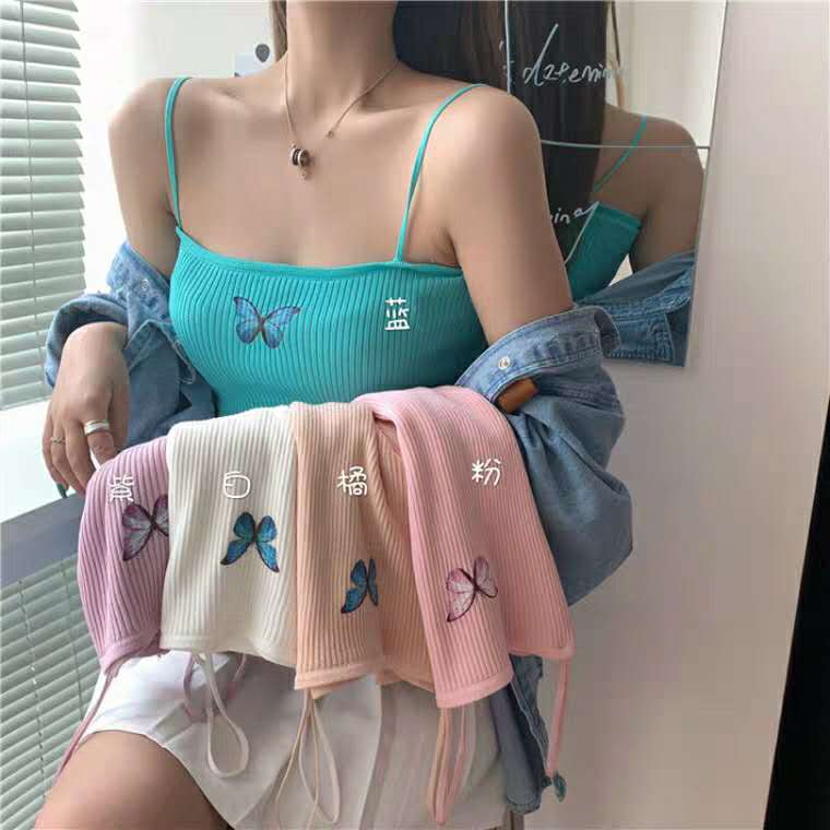 Knitted Camisole women's wear on the outside and on the inside with a base coat summer slim short sleeveless butterfly print top