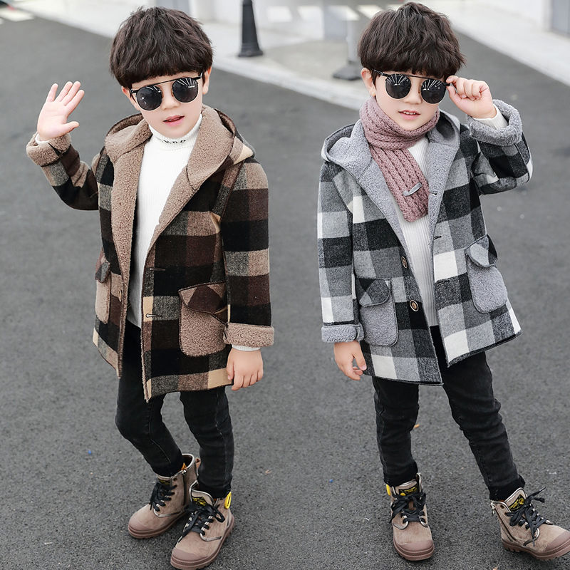 Boys' woolen coat autumn and winter clothes foreign style baby cotton padded jacket children's woolen overcoat thickened with cashmere