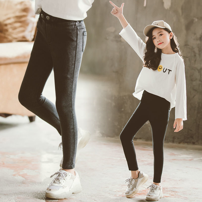 Girls' jeans Plush autumn and winter middle school children's foreign style black thickened pants spring and autumn fashionable children's trousers trend