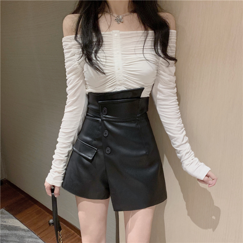 Real price foreign style one shoulder pleated thin bottoming shirt + fashionable high waist irregular leather pants skirt