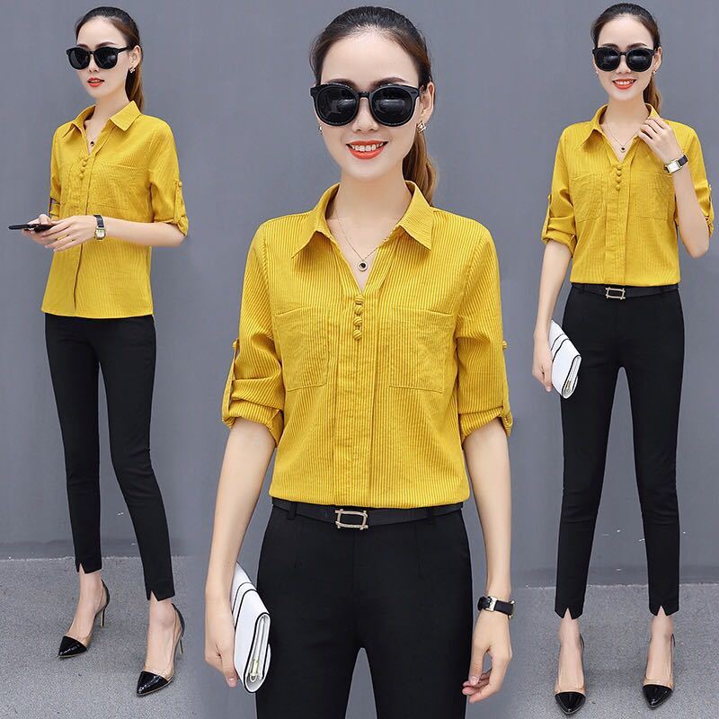 Spring and autumn shirt long sleeve bottoming versatile striped shirt loose small fresh slim top for women spring and Autumn