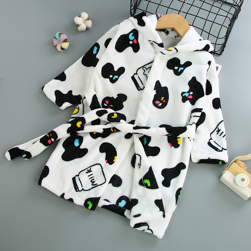 Spring and autumn and winter middle and long flannel bathrobe for boys and girls, baby household clothes, pajamas, middle and large children's coral velvet Nightgown