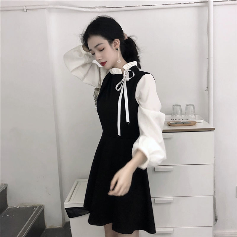 Hepburn dress women's autumn lace up color matching skirt fat mm THIN covered skirt large women's small fragrance A-line short skirt