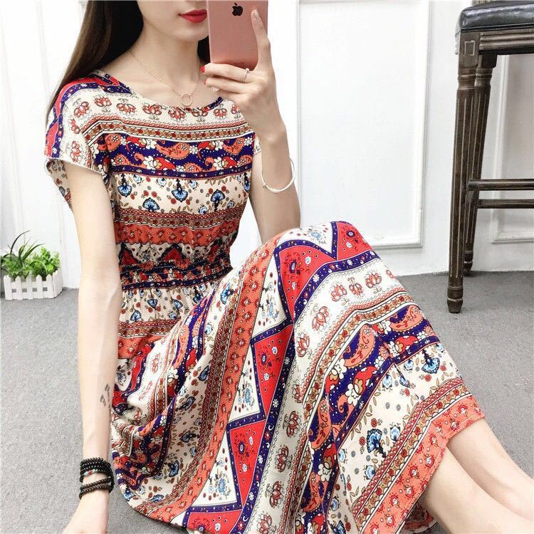 Summer national style cotton silk fragmentary flower dress seaside resort cotton Fairy Dress Large Print vest mid length skirt