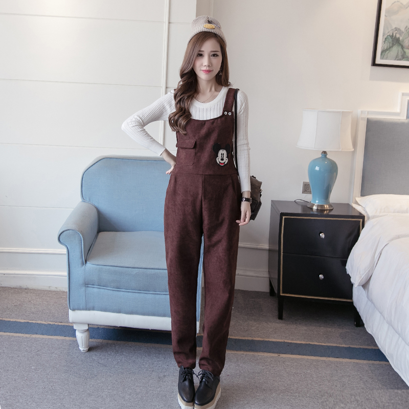 Pregnant women's shoulder pants autumn and winter (plush) embroidered Mickey's head with adjustable lace up back zipper pants