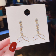 Real shot 925 silver needle exquisite Rhinestone Earrings long temperament fishtail Earrings net red Earrings