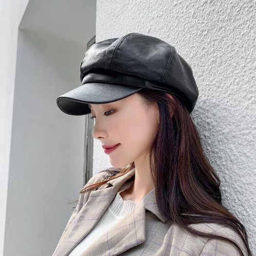 PU leather octagonal Hat Women's autumn and winter British Chaozhou Korean version spring and autumn fashion versatile Leather Hat duck tongue Beret