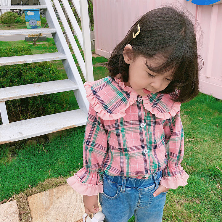 2020 autumn new girls' trumpet sleeve long sleeve top children's Lapel foreign style Princess Plaid Shirt