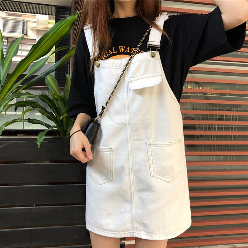Women's spring and summer Korean dress loose and thin suspender skirt denim skirt student mid length dress
