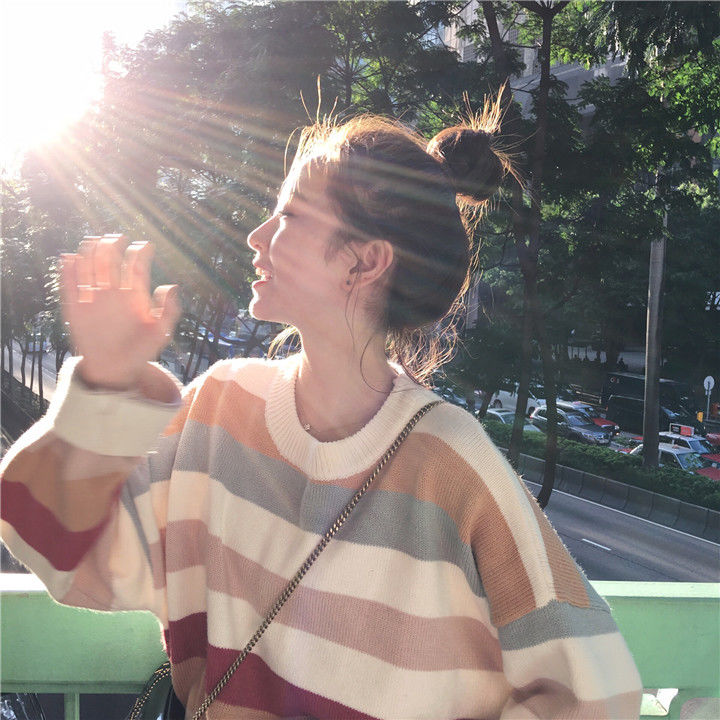 Autumn and winter new college style sweater women loose Korean students lovely rainbow color Pullover soft girl color contrast T-shirt