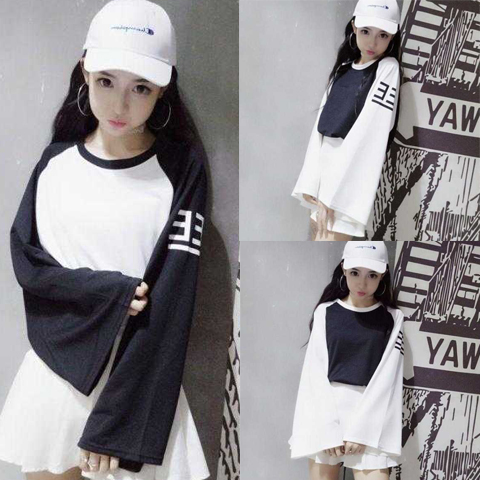 Spring and autumn wear Korean trumpet sleeve T-shirt for women long sleeve thin yuansuo BF loose color matching student dress for women