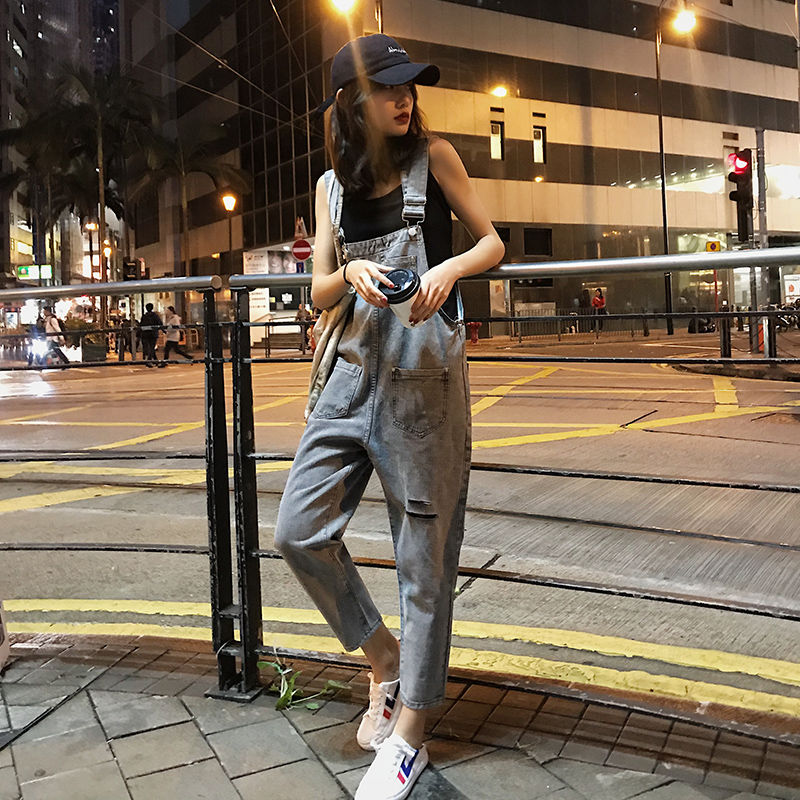 Broken hole denim belt pants female students Korean version loose 2020 summer new Capris high waist slim Jumpsuit