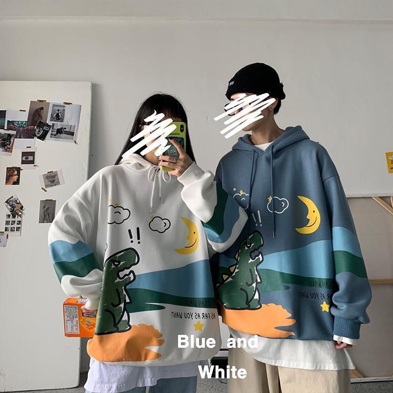 Autumn winter cashmere ins harbor style trend Hooded Sweater men's Korean loose dinosaur print coat student clothes
