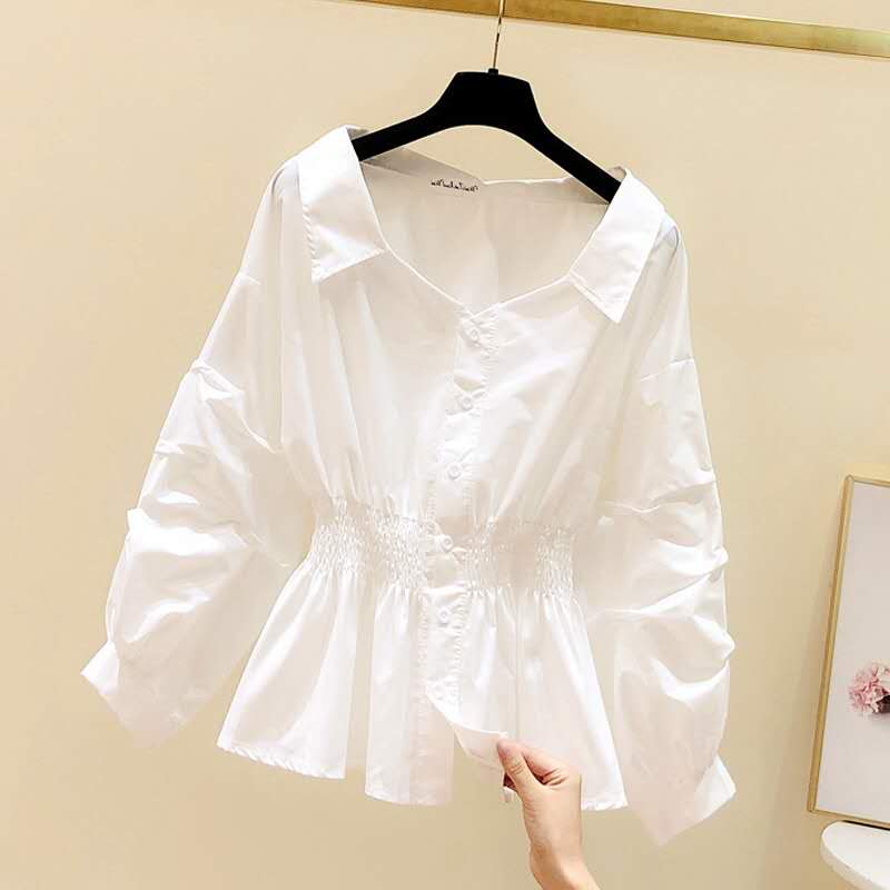 Spring and autumn 2020 new style foreign style bubble sleeve white shirt women's wear Korean version waist close show thin long sleeve top small shirt
