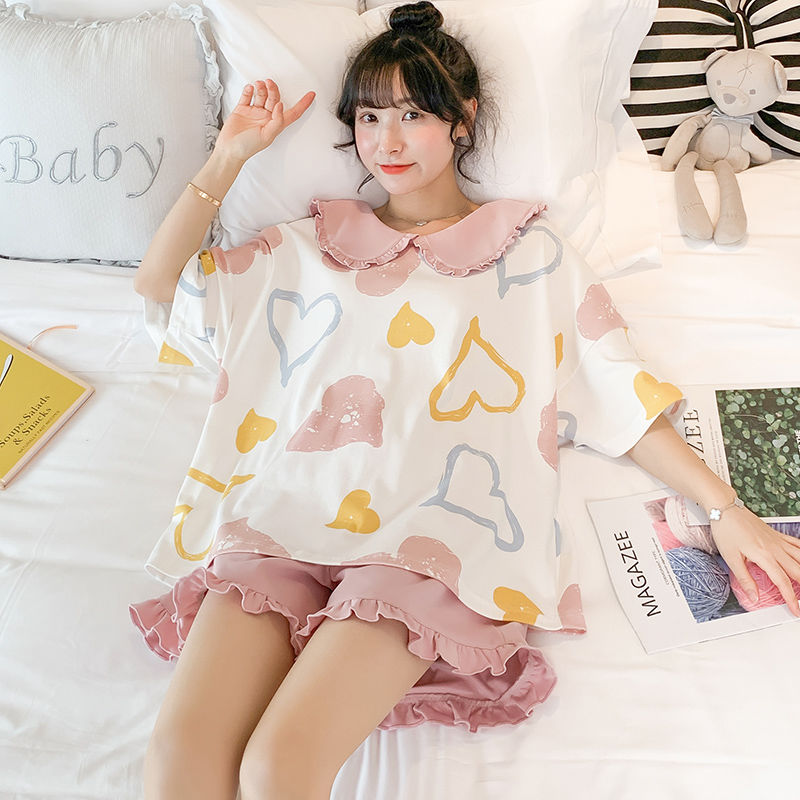 Pajamas women's Summer Cotton Short Sleeve Cotton thin two piece suit lovely large mesh red popular spring and autumn home wear
