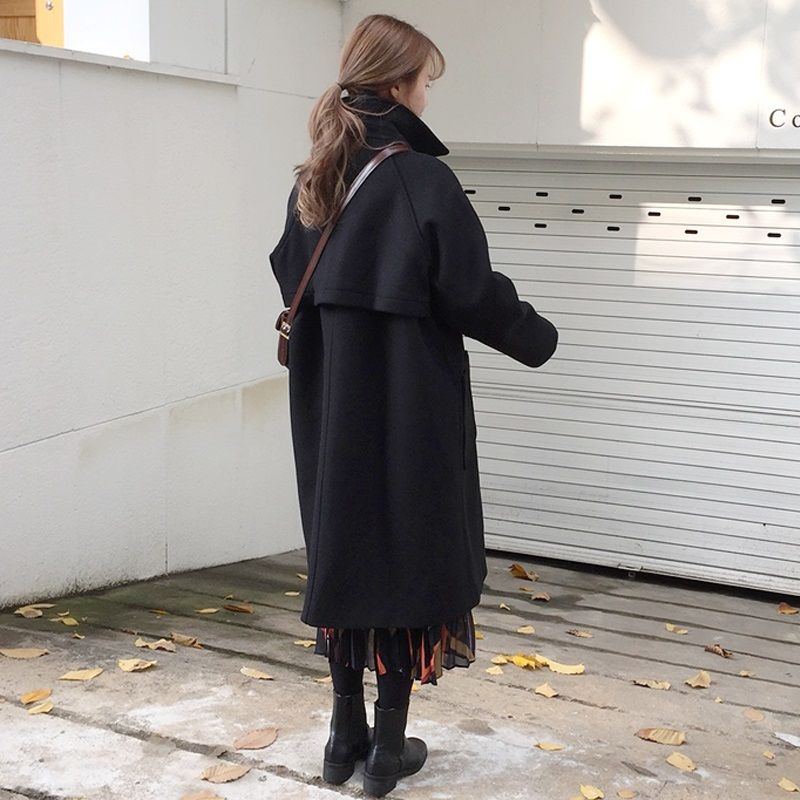 Black Korean showing thin woolen coat women's middle school long 2020 winter new student's over knee cocoon woolen coat