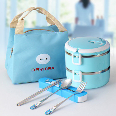 (with insulation bag tableware) daily heat preservation lunch box Stainless Steel sub grid adult lunch box student double insulation barrel
