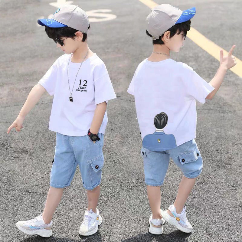 Polar fleece [95% cotton T-shirt + denim pants] boys' short sleeve suit children's summer wear two piece sets