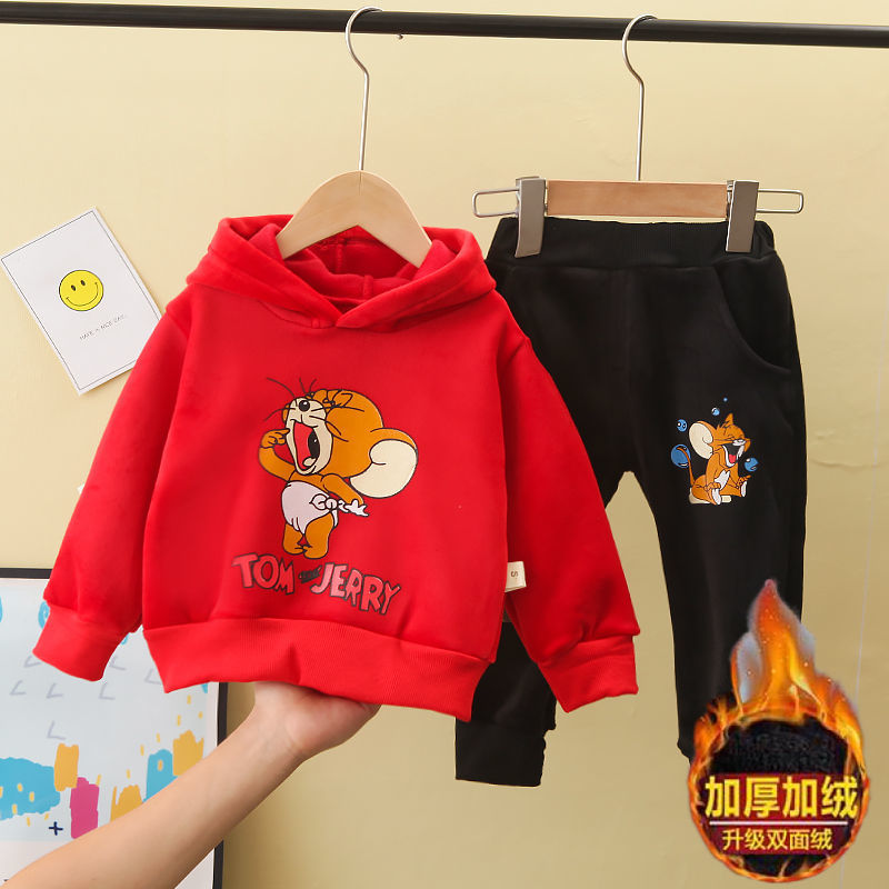 Boys' autumn and winter gold velvet suit girls' winter sweater baby children's thickened double faced velvet two piece suit