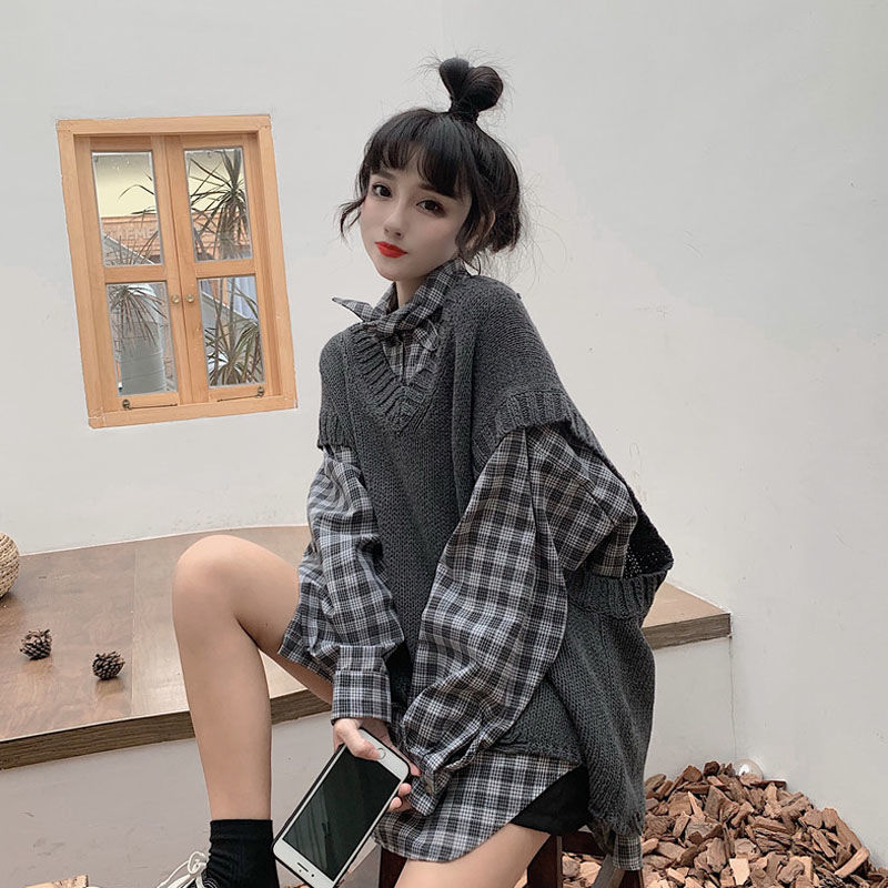 School style suit women's Korean version loose student autumn new sleeveless sweater vest + Plaid Shirt 2-piece set [ship within 7 days]