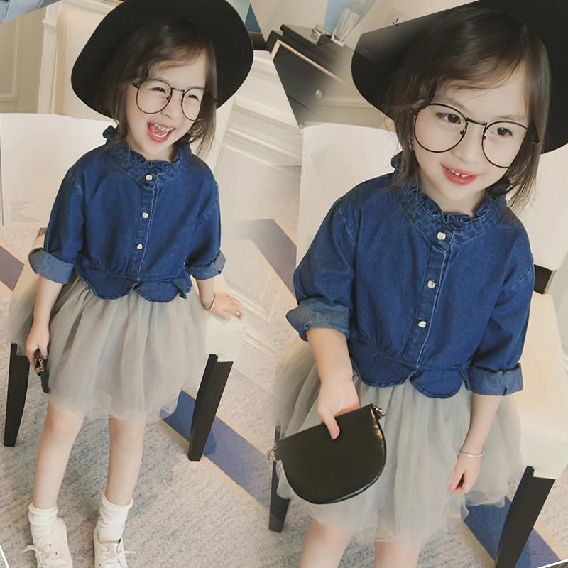 Spring 2020 new children's wear Korean girls fashion mesh denim skirt long sleeve fake two piece dress princess skirt
