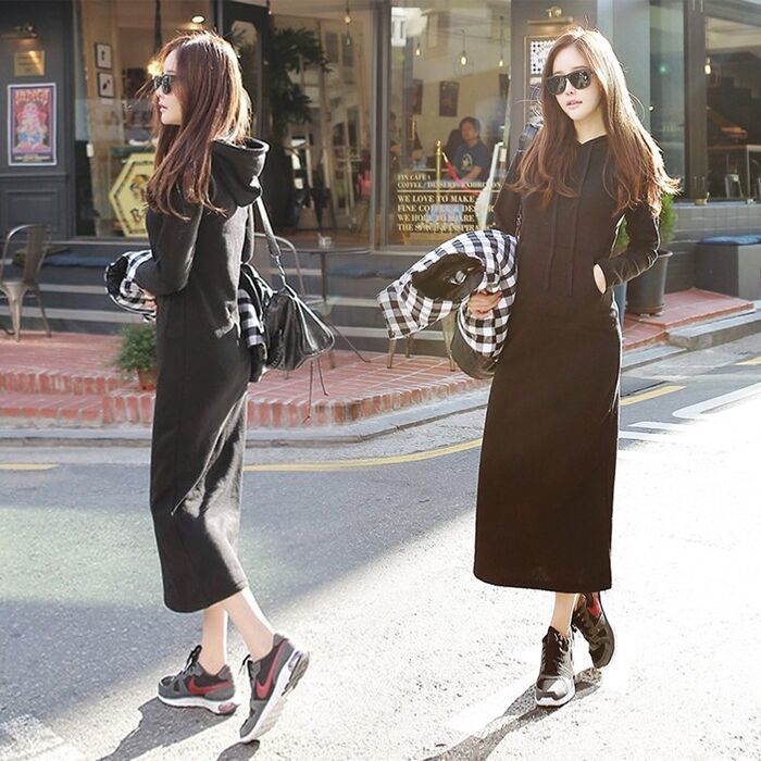 Hooded Plush thickened autumn / winter 2020 long sleeve large size women's dress show thin dress foreign style sweater medium long fashion